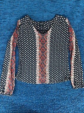 Lucky Brand Navy, Red and Cream Mixed-Print Long Sleeve Top size M